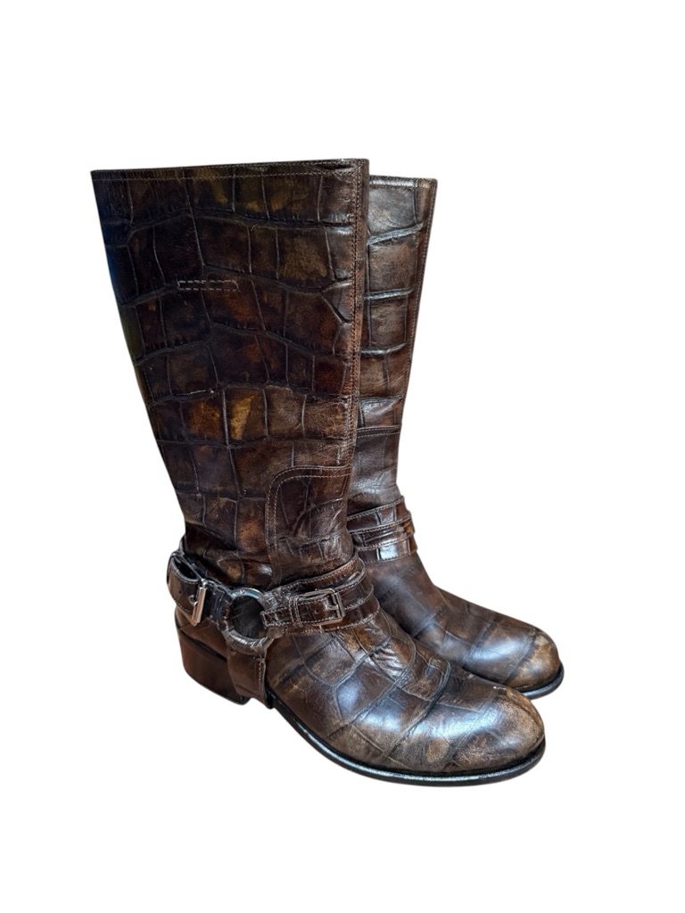 Christian Dior Harness Boots Women 7.5 Moto Racing Biker Brown Crocodile Leather
